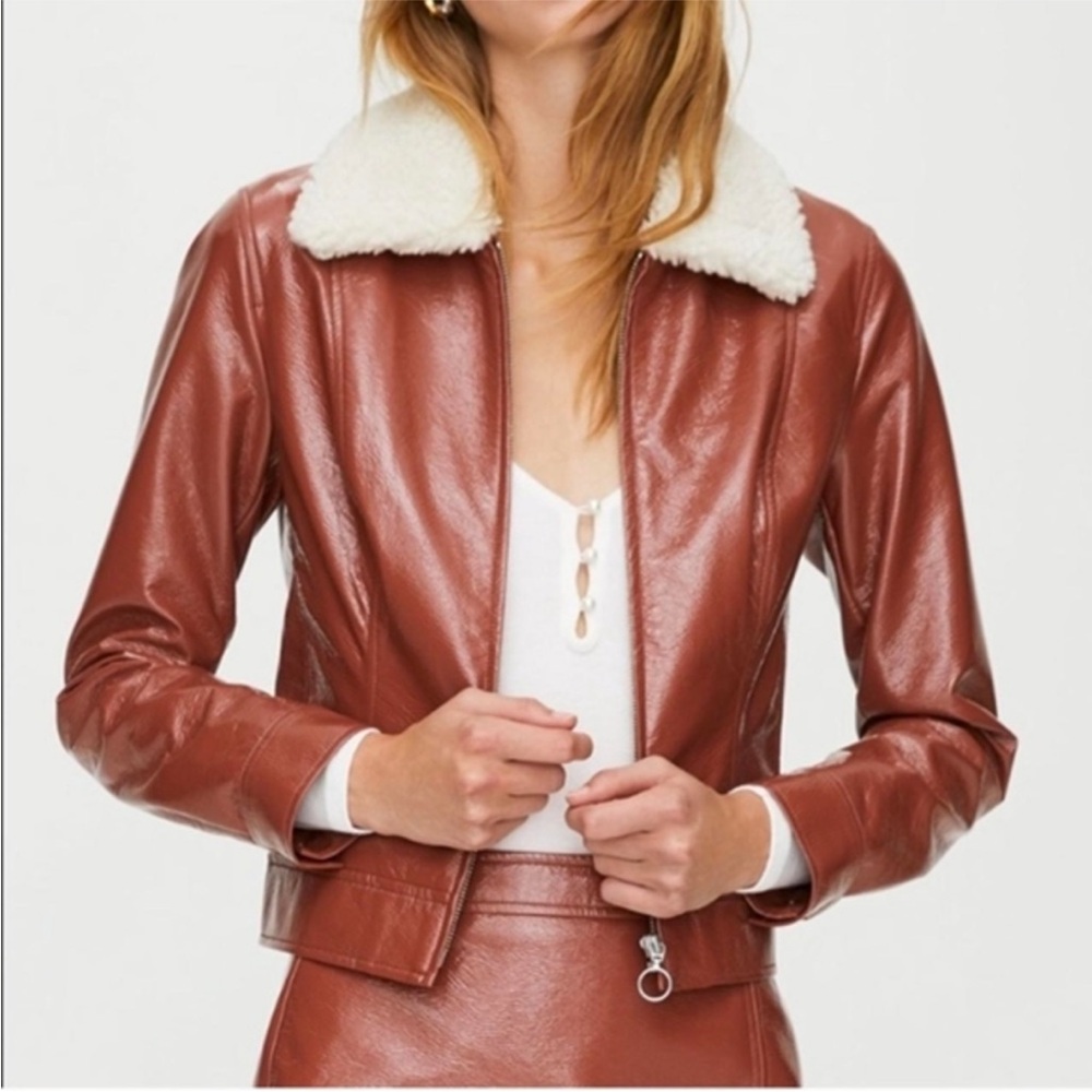 Aritzia Wilfred Tempest Jacket Vegan Sherpa Collar Brown Patent Leather